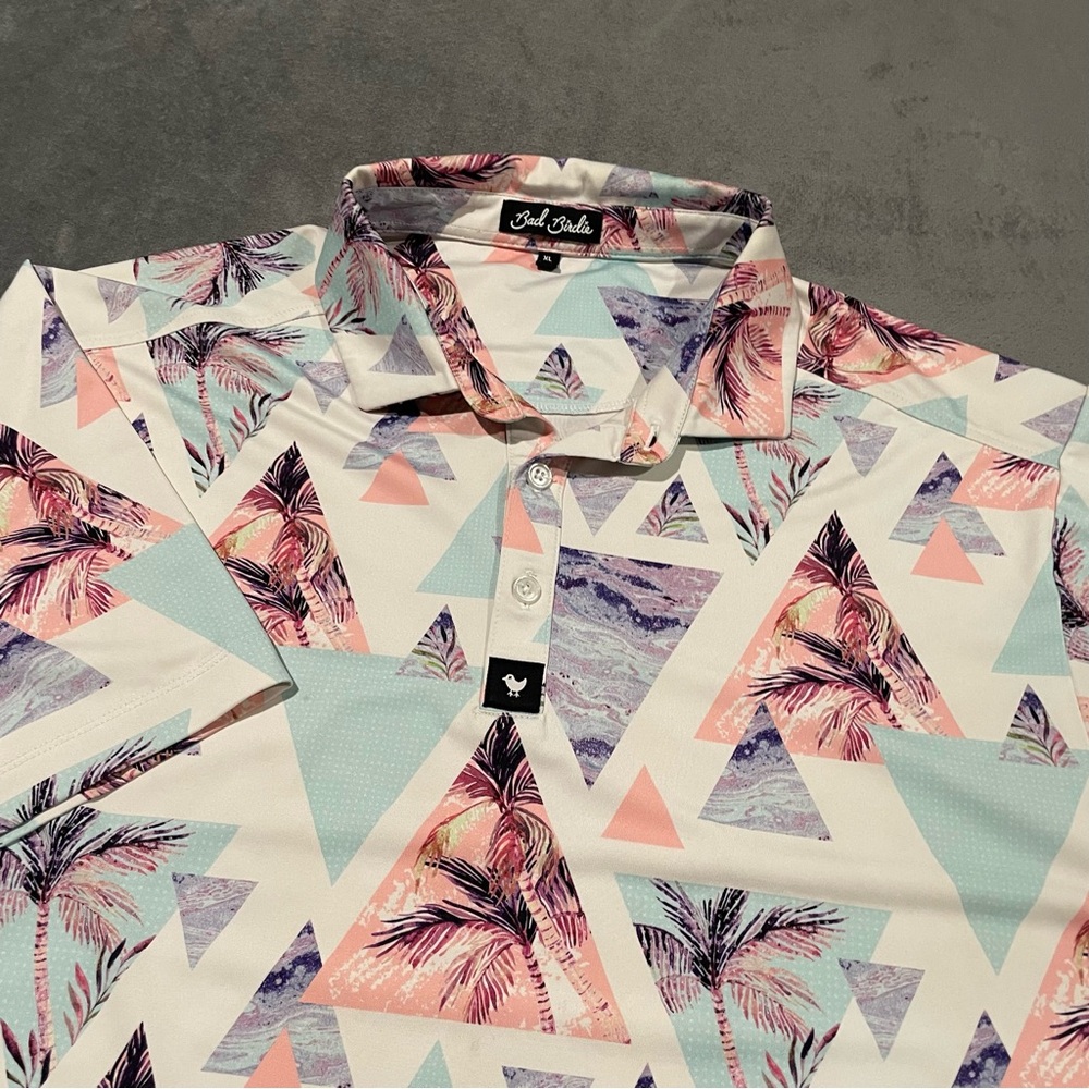 Bad Birdie Polo Shirt Mens XL White Palm Tree Geometric Tropical Golf Stretch